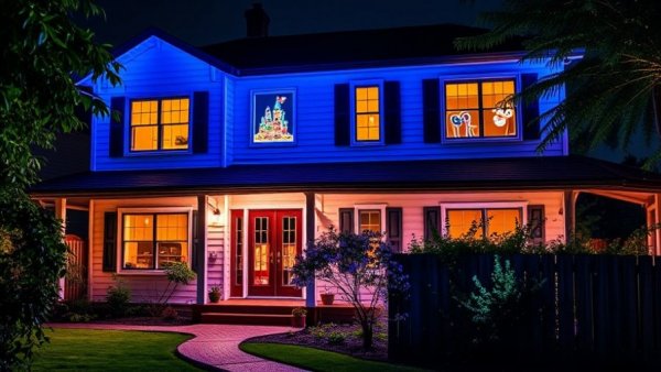 Colorful Govee smart lights on a house with Disney theme.