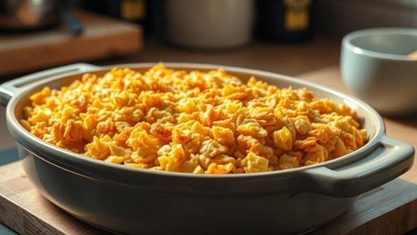 Golden baked funeral potatoes recipe in a ceramic dish with cornflake topping.