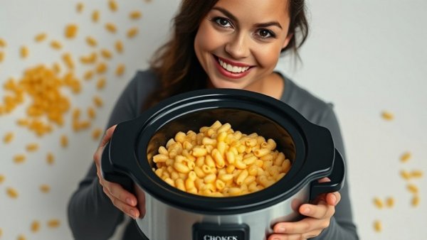 Crock-Pot Mac and Cheese Recipe with smiling woman holding dish.