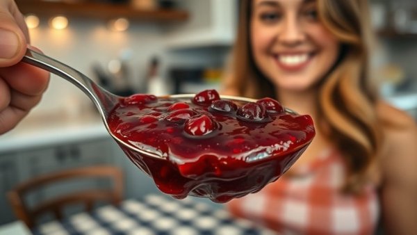 Homemade Cranberry Sauce in crock pot served by woman.