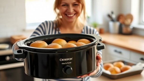 Crockpot dinner rolls recipe: smiling woman with fresh rolls.