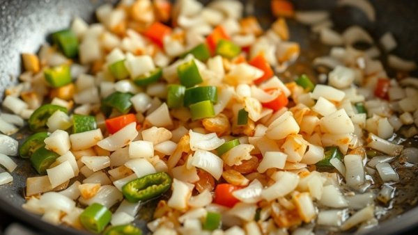 Chopped onions and peppers sautéing for ranchero sauce preparation.