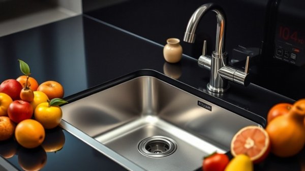 Smart kitchen appliances with digital sink and fruits on counter.