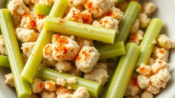 Delicious stuffed celery recipe in a white dish, topped with paprika.