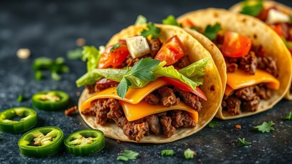 Vibrant double decker tacos with beef, cheese, and veggies on dark surface.