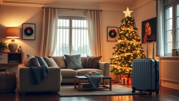 Guest-friendly smart home with Christmas decor and suitcase.