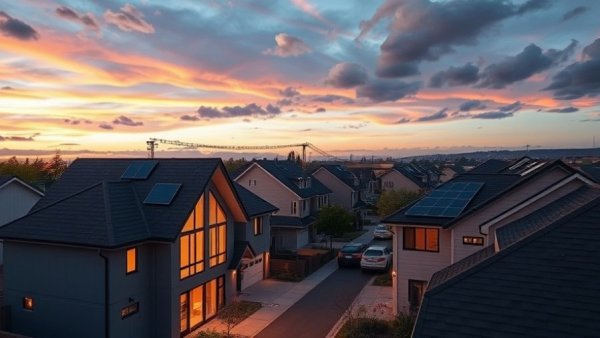 Suburban homes with solar roofing under a colorful evening sky.