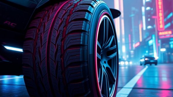 Futuristic car tire with Cyber Tires technology in a neon-lit cityscape.