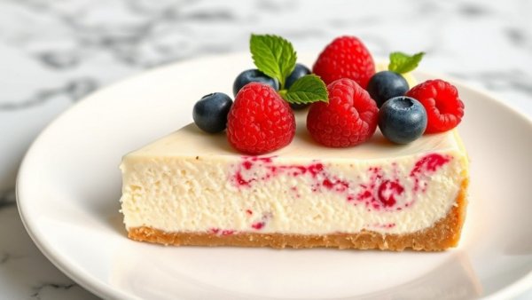 Easy cheesecake recipe with berries, served on a white plate.
