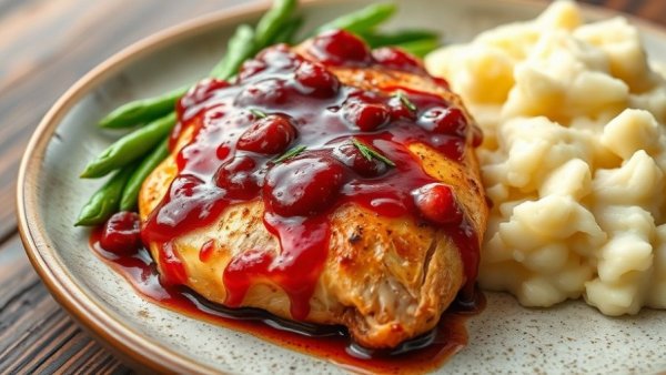 Cranberry chicken recipe on a plate with green beans and mashed potatoes.