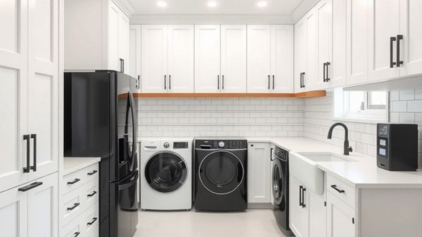 Modern laundry room upgrades with sleek appliances and white cabinetry.