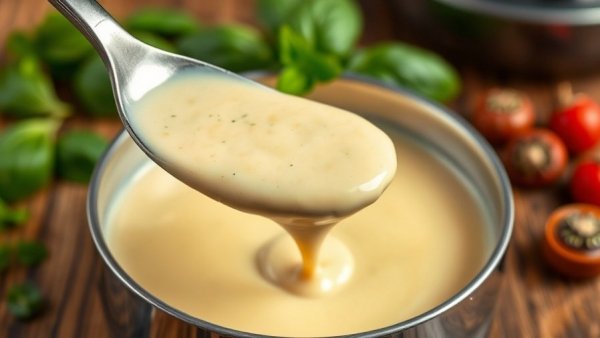 Creamy béchamel sauce in pot with fresh basil and pepper nearby.