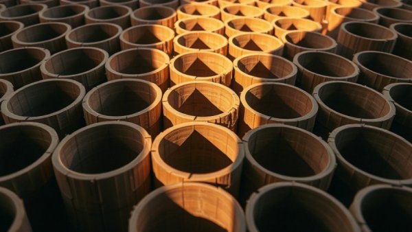 Cardboard molds in rammed earth pattern under warm lighting.