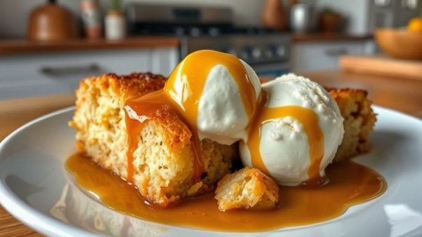 Delicious easy bread pudding recipe with ice cream topping.