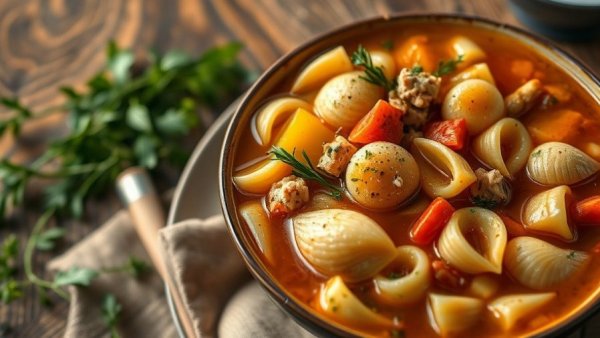 Hearty leftover turkey soup in a white pot on a rustic table.