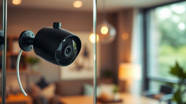 Sleek black home security camera showcasing home automation.