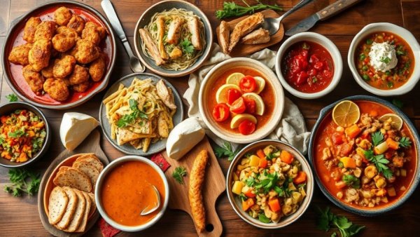 Collage of leftover turkey recipes including soups and salads.