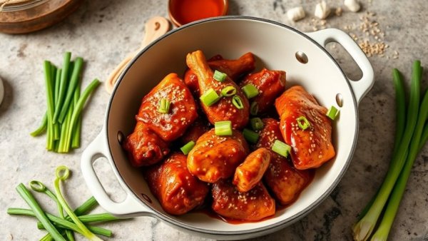 Delicious chili crisp chicken recipe with garnishes on a white pan.