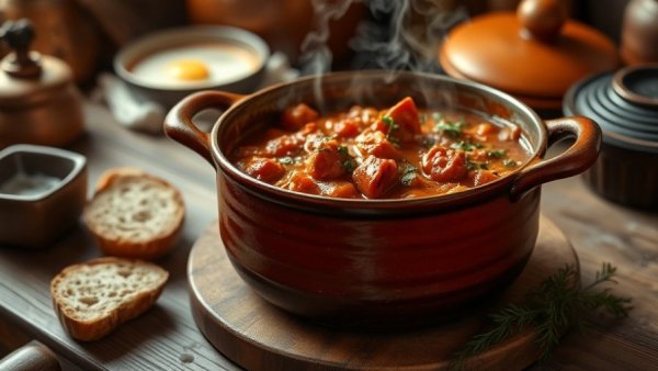 Authentic Hungarian Goulash in a pot with bread on a table.
