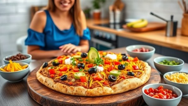 Easy Taco Pizza Recipe with vibrant toppings and smiling woman.
