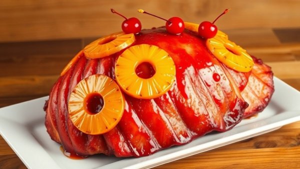 Juicy pineapple glazed ham with cherries on white platter.