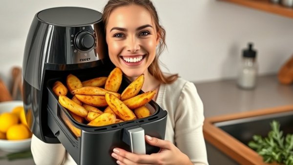 Air fryer potato side dish recipe displayed with lemon and herbs.