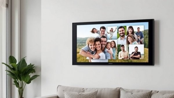 Digital photo frame displaying a family photo album, showcasing home automation.