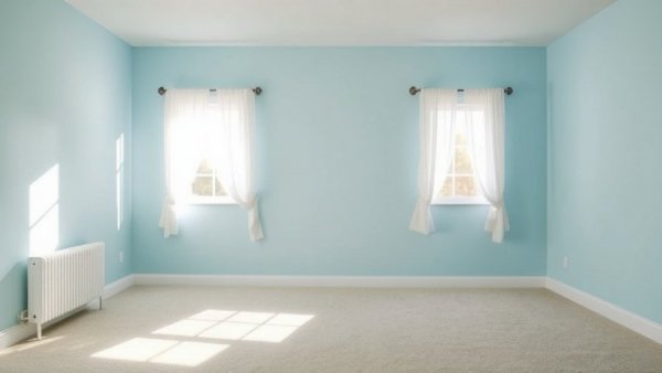 Minimalist bedroom with blue walls and curtains, designed for California king mattress.