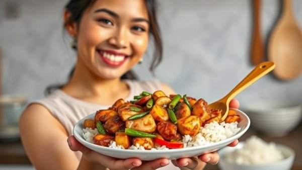 Chicken Teriyaki Recipe image with a smiling woman holding a served plate.