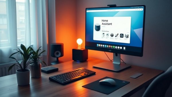 Modern workspace featuring Home Assistant OS migration, warm lighting