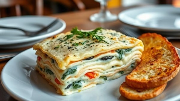 Creamy seafood lasagna recipe slice with garlic bread