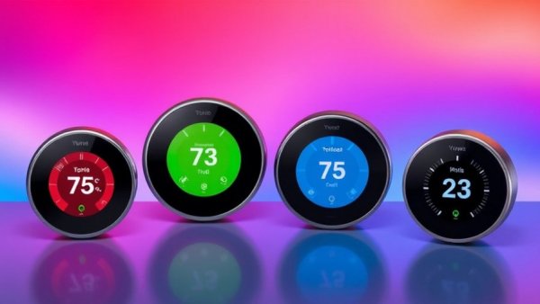 Modern smart thermostats displaying time and temperature in stylish backgrounds.