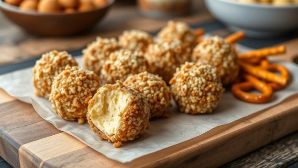 Mini cheese balls recipe with pretzel sticks on a board.