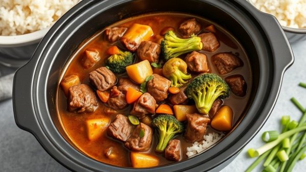 Slow cooker beef and broccoli recipe with rice and green onions.