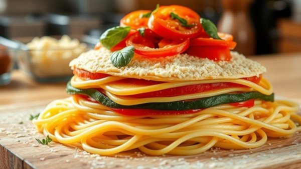 Spaghetti pie preparation with ricotta cheese in a bowl.