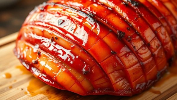 Close-up of glazed ham with caramelized texture on a cutting board, caramelized ham glaze recipe.
