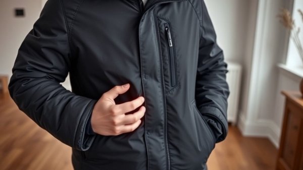 Stylish heated jacket for winter in indoor setting.