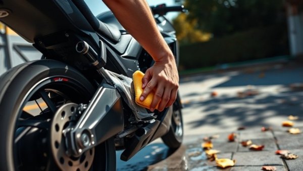 Man cleaning motorcycle outdoors, illustrating how to winterize a motorcycle.