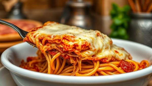 Baked spaghetti pie being served with melted cheese.