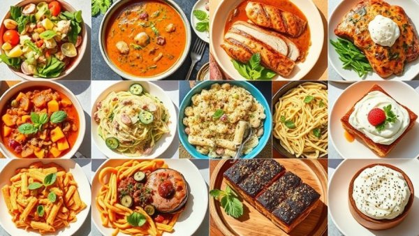 Colorful weekly meal plan collage with diverse homemade dishes, Dec 15, 2025.