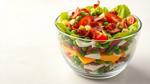Vibrant 7 layer salad recipe in a glass bowl, top view.