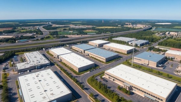 Aerial view of commercial roofing in Oklahoma City industrial complex.