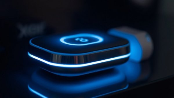 Modern smart home device glowing in a dark background.