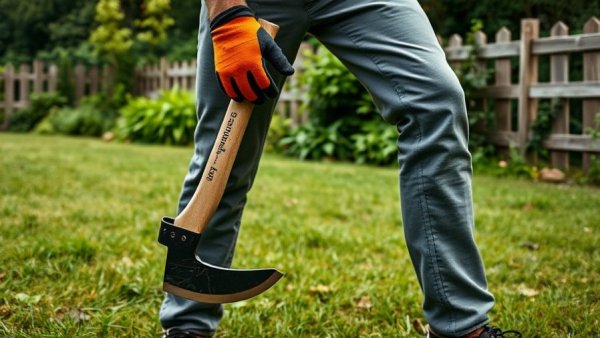 Man holding an axe on a lawn, demonstrating safe wood splitting.
