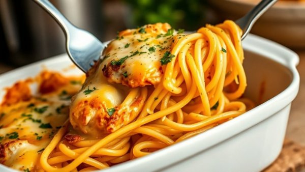 Delicious baked chicken spaghetti with melted cheese in a dish.