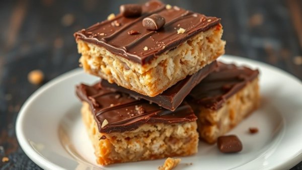 Stacked no-bake Scotcheroos with chocolate topping and cereal base.