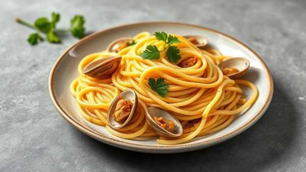 Linguine with clam sauce dish garnished with parsley, on rustic table.