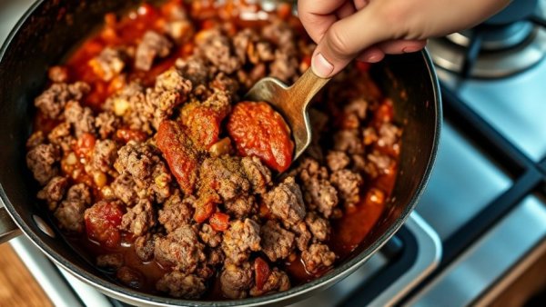Close-up of mixing ingredients in a pan for a Sloppy Joe Recipe.