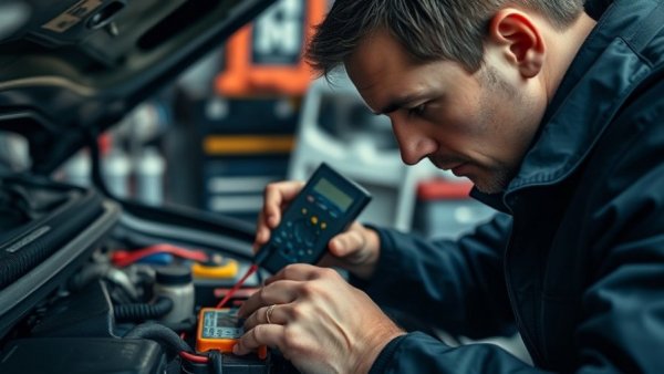 Mechanic checks battery voltage, showing how extreme temperatures impact your car’s performance.