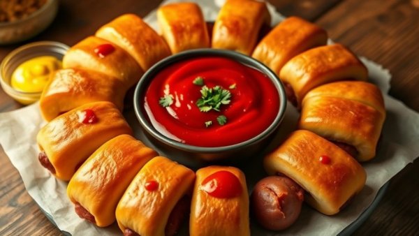 Golden pigs in a blanket with ketchup and mustard on parchment.